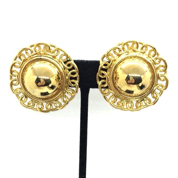 VINTAGE 80S CHAIN LINK GOLD TONE ROUND CLIP ON EARRINGS STATEMENT DOMED LARGE - Picture 4 of 14